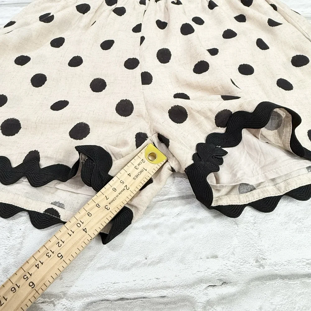 Aaron & Amber Linen Blend Shorts Khaki Black Polkadot Scalloped Hem Flowy Boho S